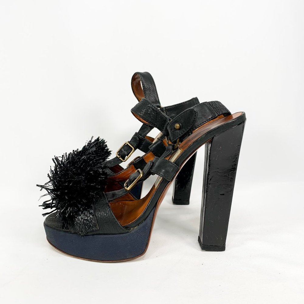 LANVIN Black Lametta Peep Toe Buckle Sandal Pumps - Picture 1 of 11